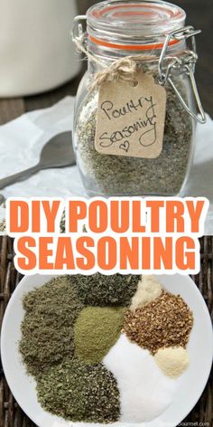 a jar filled with different types of seasoning on top of a table