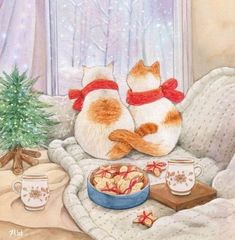 two cats sitting on top of a couch next to a christmas tree and bowl of cookies