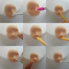 the process of painting a doll's face with yellow and pink toothbrushes