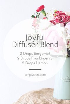 This is one of my favorite joyful essential oil diffuser blend recipes! In an essential oil diffuser add 2 drops Bergamot, 2 drops Frankincense, and 2 drops of Lemon. This helps create an uplifting and joyful atmosphere!✨ For more information visit www.simplyreeni.com Joy Essential Oil, Essential Oil Diffuser Blends Recipes, Oil Diffuser Recipes