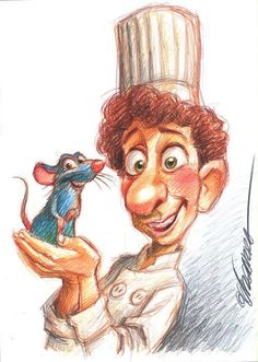 a drawing of a man holding a mouse in his hand and wearing a chef's hat