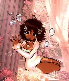 an animated image of a woman sitting on the ground with bubbles coming out of her mouth