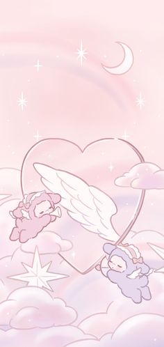 an angel teddy bear flying through the sky with stars and clouds in the background,