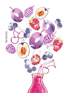 a watercolor drawing of a vase with berries and cherries coming out of it