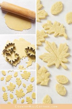 the process for making maple leaf cookies is shown with cookie cutters and leaves cut out