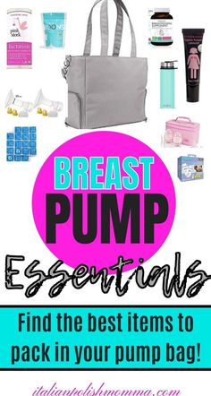 the breast pump essentials bag with text overlay