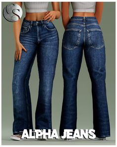 an image of two women in jeans with their hands on their hipss and the words alpha jeans written below them