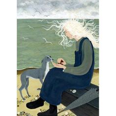 a painting of a woman sitting on a bench next to a dog by the ocean