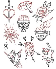 a drawing of different tattoos on a white background, including roses and hearts with arrows