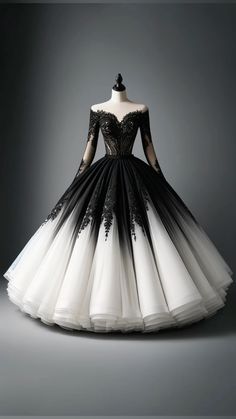 Black And White Ballgown, Black Wedding Dress With White Accents, Gothic Wedding Dress Black And White, Gothic Ballgown Wedding Dress, Wedding Dresses Black And White, Wedding Dresses Black, Black And White Wedding Dresses