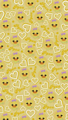 a yellow background with lots of different shapes and sizes on the side, including hearts