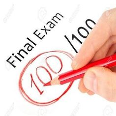 a hand writing the word final exam on a paper with a red pencil in front of it