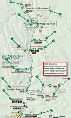 a map showing the location of several different locations in the park and how to get there