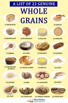 a list of 22 genuine whole grains for all types of food and drink, including cereals