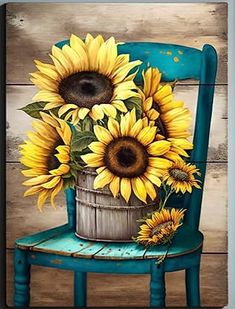 a painting of sunflowers in a bucket on a blue chair with wood background