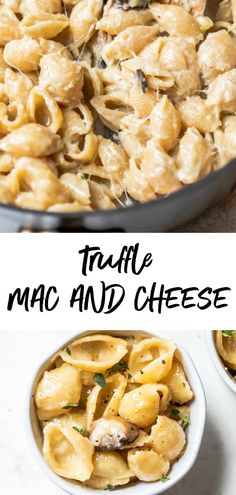 two pictures with different types of macaroni and cheese in them, one has mushrooms