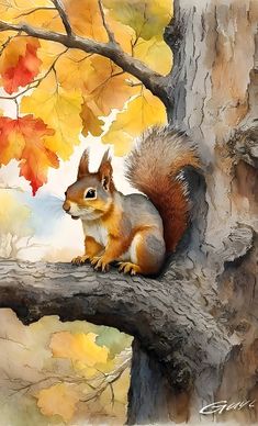 a painting of a squirrel sitting on a tree branch with autumn leaves in the background