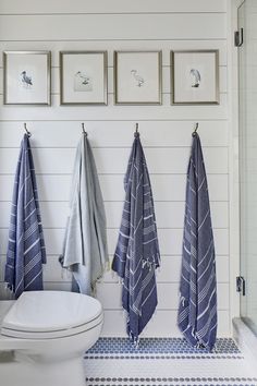 three towels hanging on the wall next to a toilet