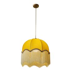 a yellow chandelier with fringes hanging from it's sides and an oval light fixture