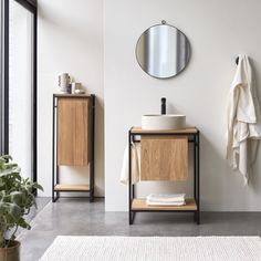 a bathroom with a sink, mirror and towel rack on the wall next to a potted plant