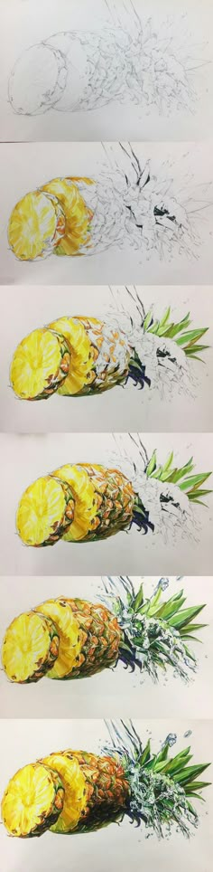 four different pictures of pineapples with leaves and flowers on them, all in yellow