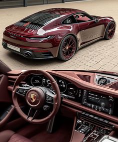 the inside and outside view of a red sports car