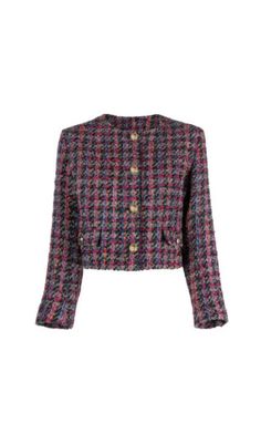 This stylish and versatile jacket features a unique combination of grey and pink tones in a chic tweed fabric. Its timeless design and high-quality materials make it a must-have for any fashion-forward individual. Add a touch of sophistication to any outfit with this luxurious jacket. Round neck Long sleeves Front button closures Side flap pockets Cropped silhouette Lined Main: 37% acrylic/24% cotton/20% polyester/17% virgin wool/2% viscose; lining: 100% viscose; pocket lining: 100% cotton Dry c Pink Wool Tweed Jacket For Work, Pink Long Sleeve Wool Blazer, Chic Pink Tweed Outerwear, Pink Wool Tweed Jacket For Fall, Pink Wool Tweed Jacket For Spring, Spring Pink Wool Tweed Jacket, Multicolor Long Sleeve Tweed Jacket For Fall, Chic Pink Tweed Blazer, Pink Long Sleeve Tweed Jacket For Fall