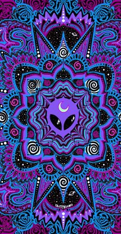 an intricate purple and blue design with black dots on the center, surrounded by swirls