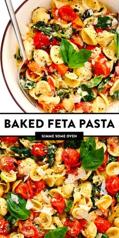 baked feta pasta with spinach and tomatoes in a white bowl