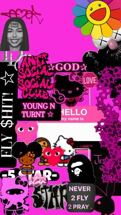 a collage of various stickers and decals on a pink background with black text