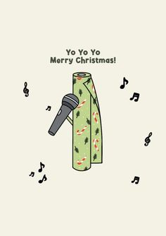 a christmas card with a microphone and musical notes