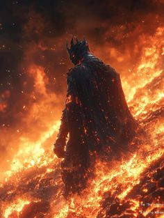 a man standing in the middle of a fire filled field with lots of flames behind him