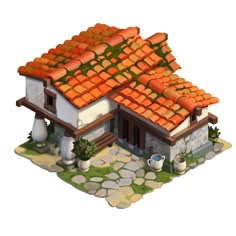 an image of a house that is made out of rocks and clays with orange tiles on the roof