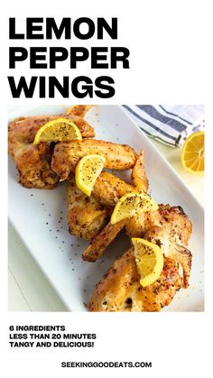 lemon pepper wings on a white plate with text overlay that reads, lemon pepper wings