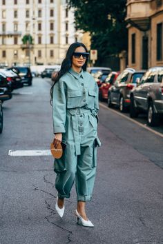 Milan Fashion Week Spring 2020, 2020 Street Style, Fashion Week Spring 2020, Utility Jumpsuit, Reportage Photography, Popsugar Fashion, Plunge Dress, Street Style Fashion, The Best Street Style