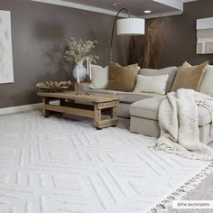 a living room filled with furniture and pillows on top of a white carpeted floor