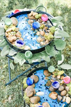 two metal trays filled with rocks and plants on top of a grass covered field