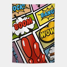 an image of comic stickers on a white square background with the words boom and wow