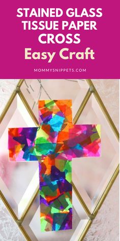 tissue paper cross craft Tissue Paper Cross, Stained Glass Tissue Paper, Good Friday Crafts, Paper Cross, Palm Sunday Crafts, Bible Crafts Sunday School, Stained Glass Cross