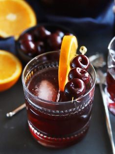 a close up of a drink with cherries on the rim