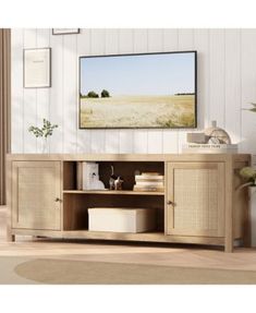 gaomon TV Stand for 75 Inch TV, Rattan Entertainment Center with Storage, Wood TV & Media Console - Macy's Modern Farmhouse Living Room Tv Stand, Wicker Entertainment Center, Coastal Tv Console, Light Wood Tv Stand, Boho Entertainment Center, Boho Tv Stand, Boho Tv, Coastal Tv Stand, 75 Inch Tv