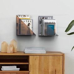 there are two magazines on the wall next to a wooden cabinet with drawers and a potted plant