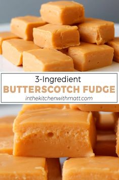 three ingredient butterscotch fudge on a white plate with text overlay that reads, 3 ingredient butterscotch fudge