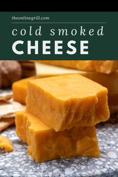 three pieces of cheese stacked on top of each other with the words smoked cheese over them