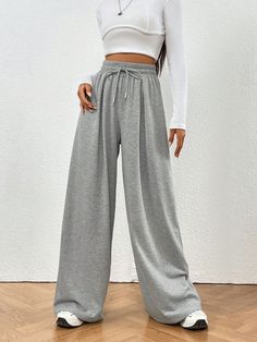 Drawstring Waist Wide Leg Joggers Grey    Fabric Plain Wide Leg Non-Stretch  Women Clothing, size features are:Bust: ,Length: ,Sleeve Length: Pants Trend 2024, Baggy Joggers Outfit Women, Wide Leg Track Pants Outfit, Wide Leg Sweat Pants, Sweats Pants, Winter Bottoms, Joggers Women, Gray Joggers, Wide Leg Joggers