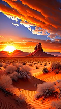 the sun is setting in the desert with sand dunes and mountains behind it, as seen from an artist's perspective