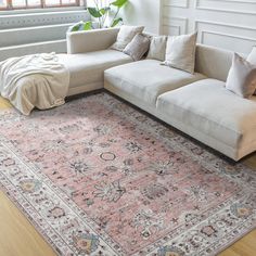 a living room with a couch and rug on the floor