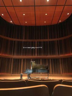 a grand piano in an empty auditorium with rows of seats on the side and overhead lighting