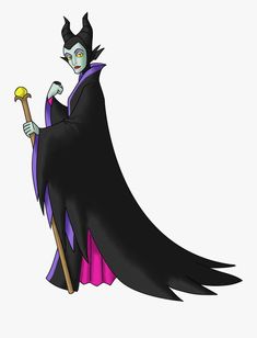 a cartoon character dressed as maleficent holding a staff