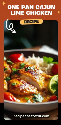 one pan cajun lime chicken recipe on a plate with rice and garnishes